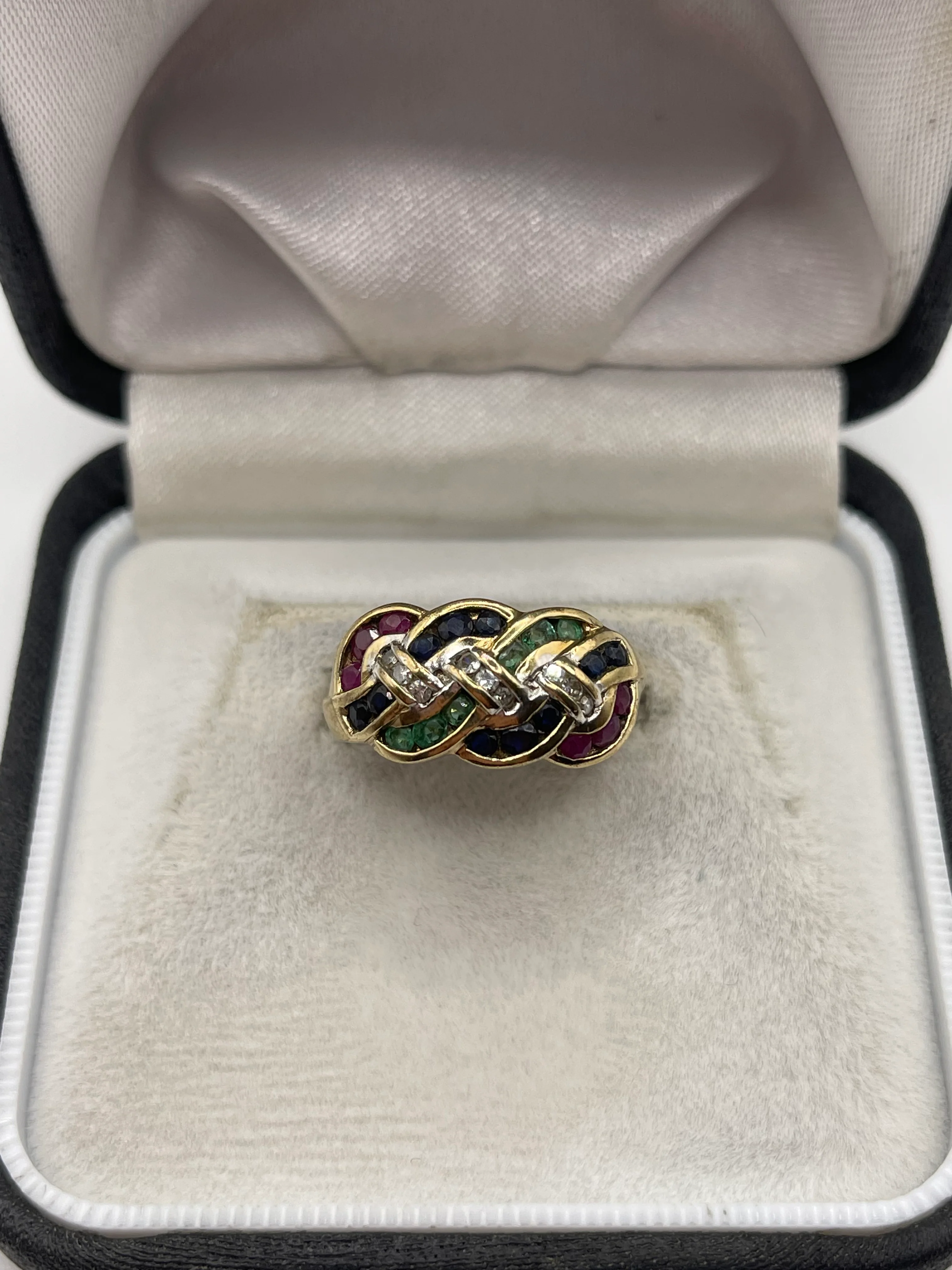 9ct gold ruby, sapphire, emerald and diamond ring