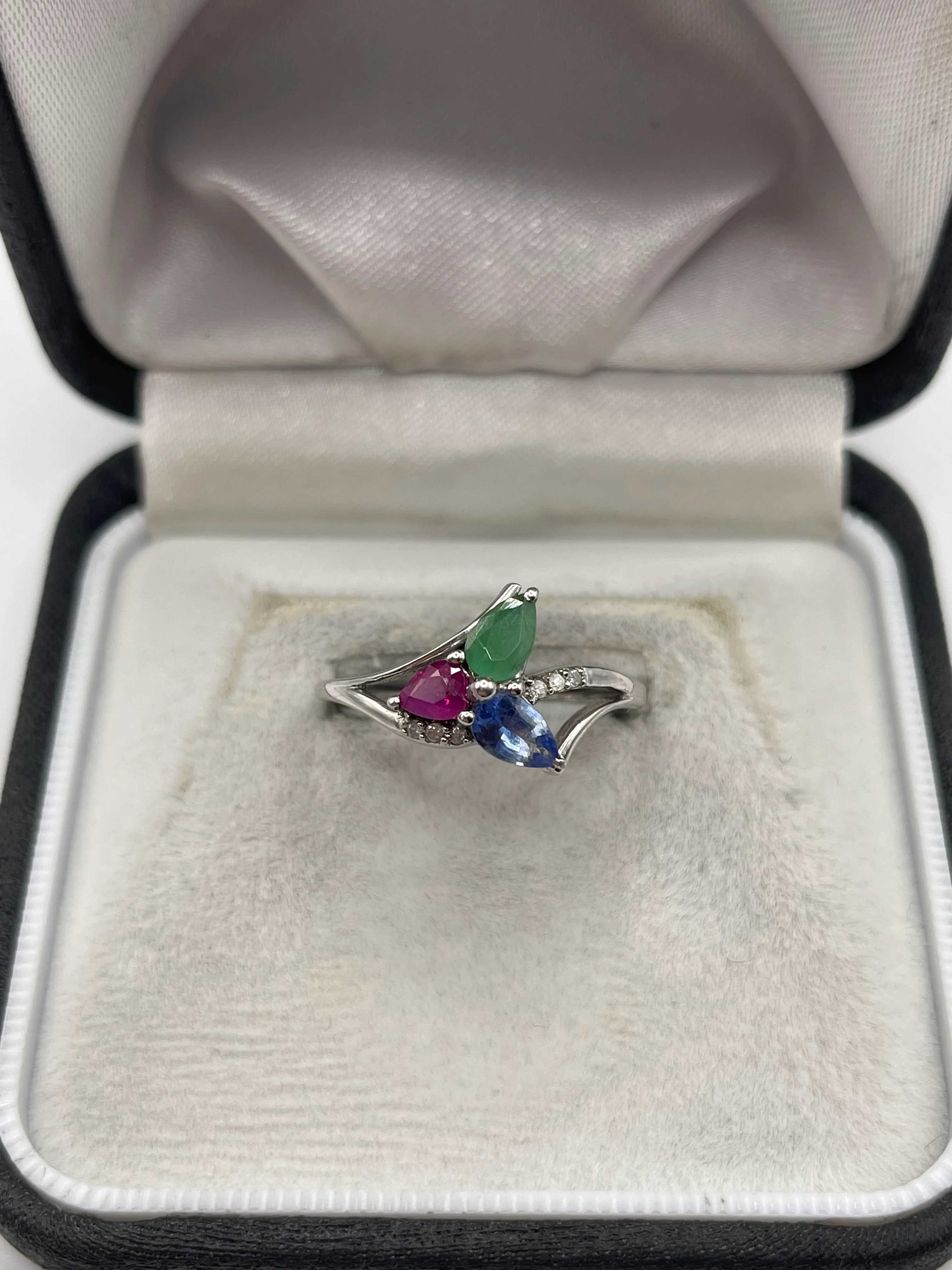 9ct white gold sapphire, emerald, ruby and diamond ring