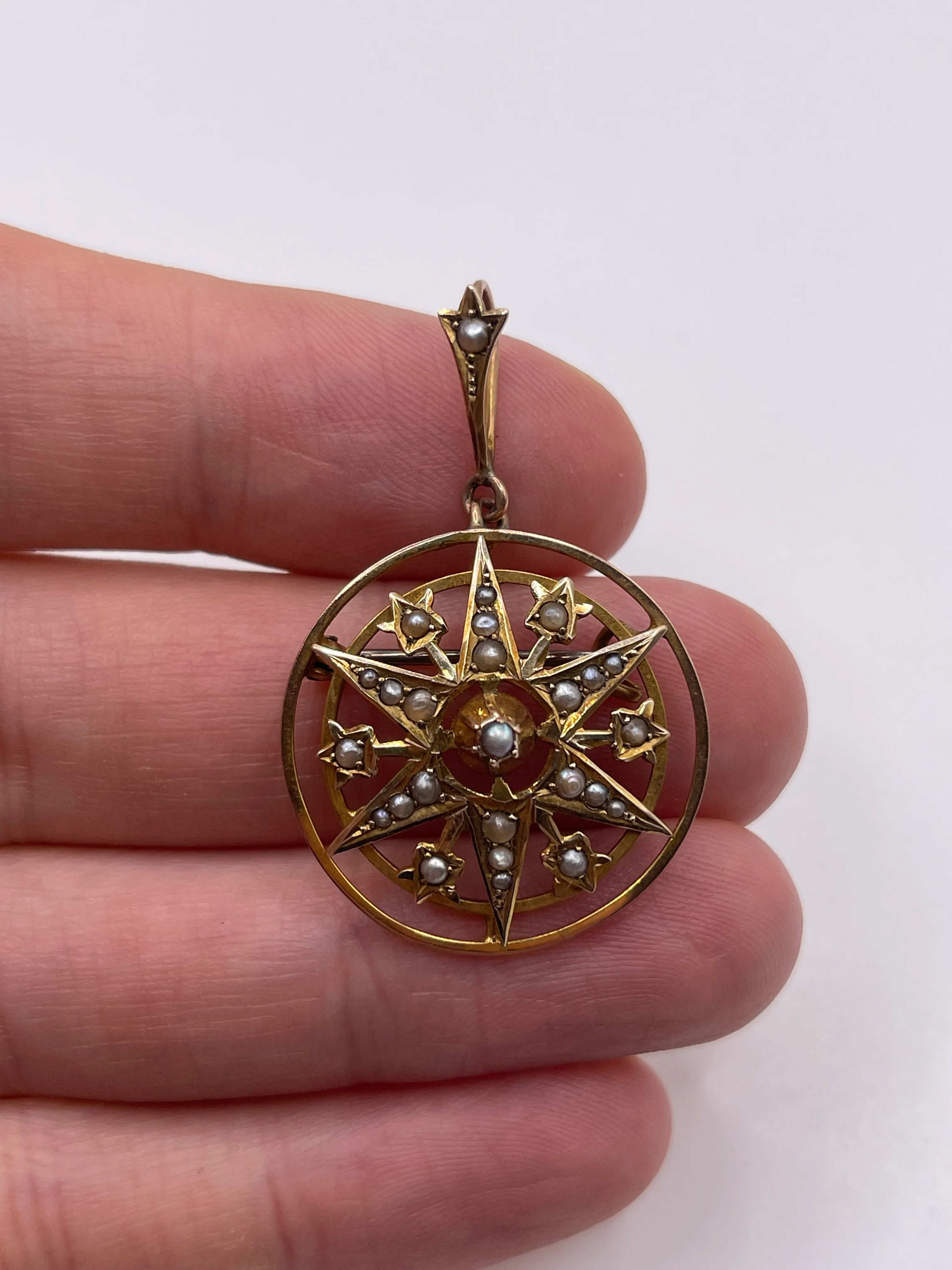 Antique 9ct gold pearl star brooch / pendant