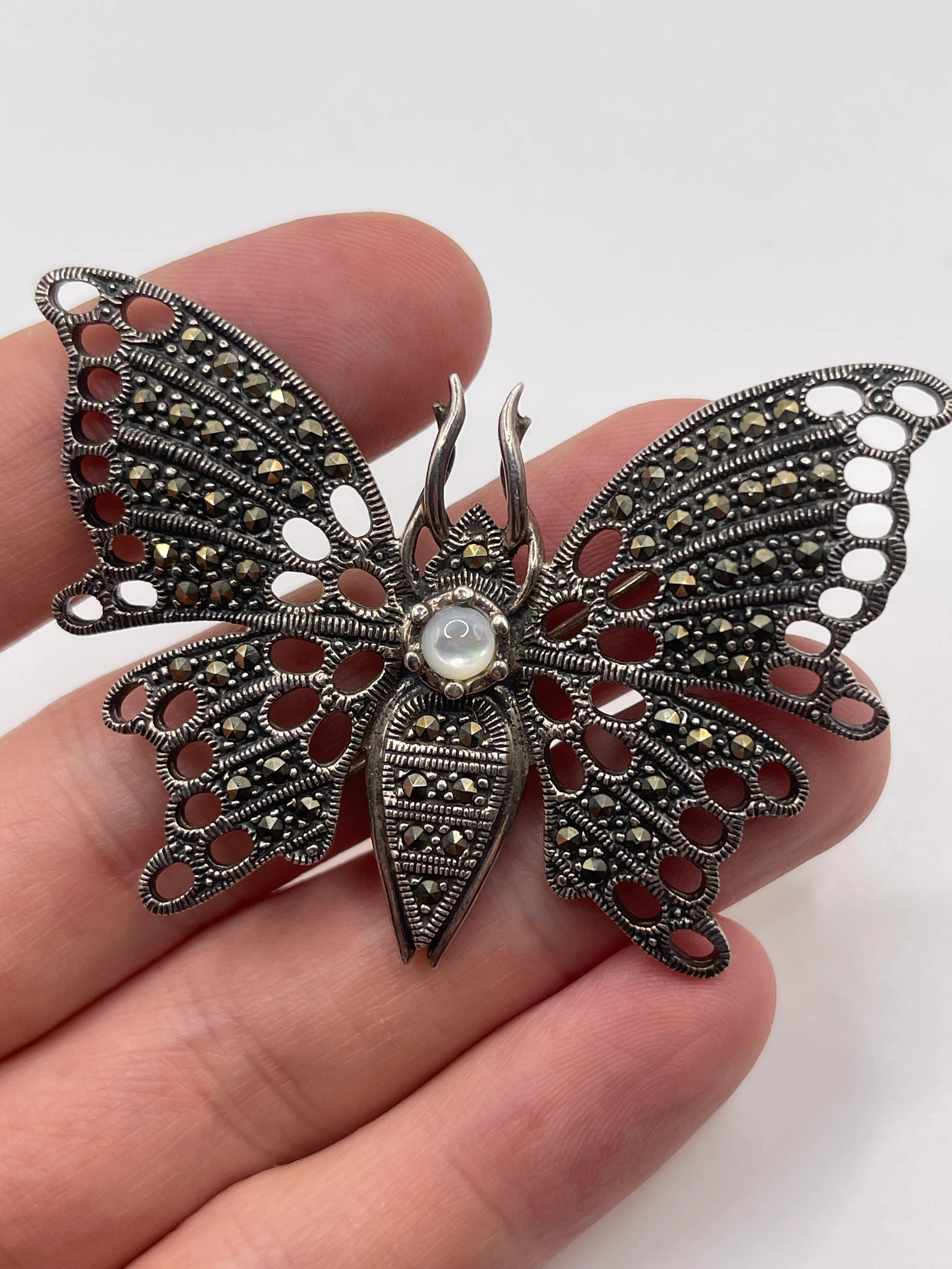 Silver mother of pearl and marcasite butterfly brooch